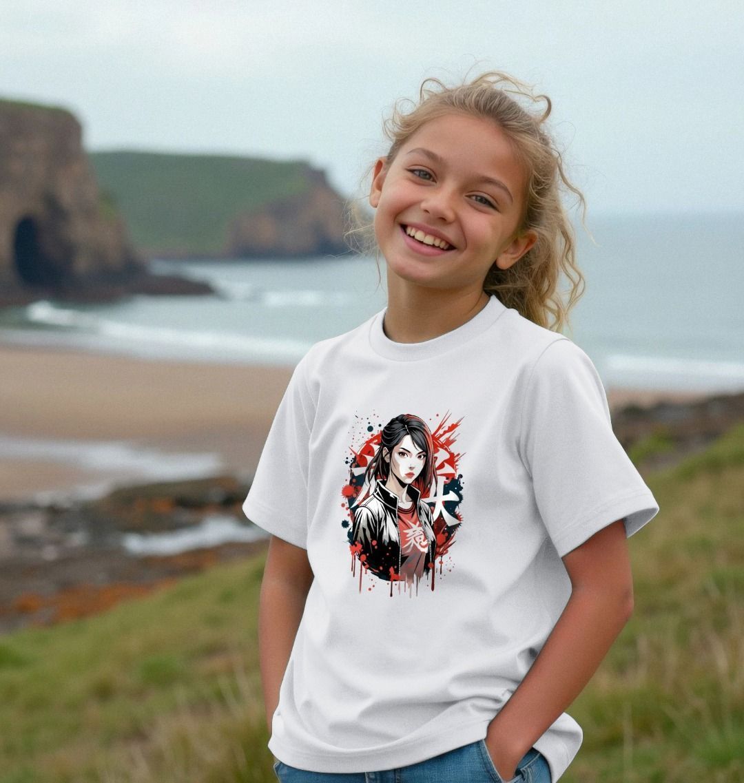White t-shirt with anime-style graphic (person)
