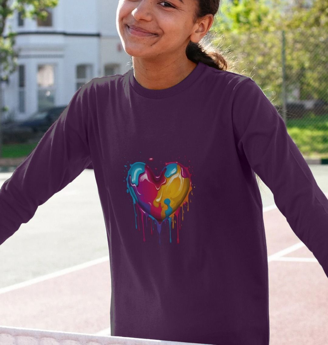Purple long-sleeve t-shirt with colorful dripping heart design (person)