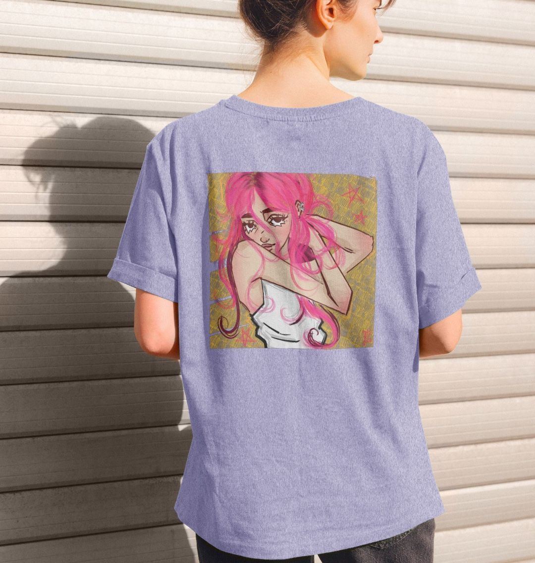 Purple t-shirt with pink-haired girl illustration (person)