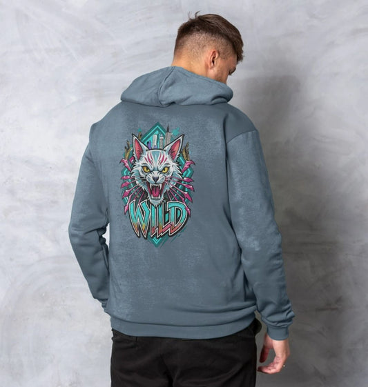 Blue hoodie with "WILD" graphic (person)