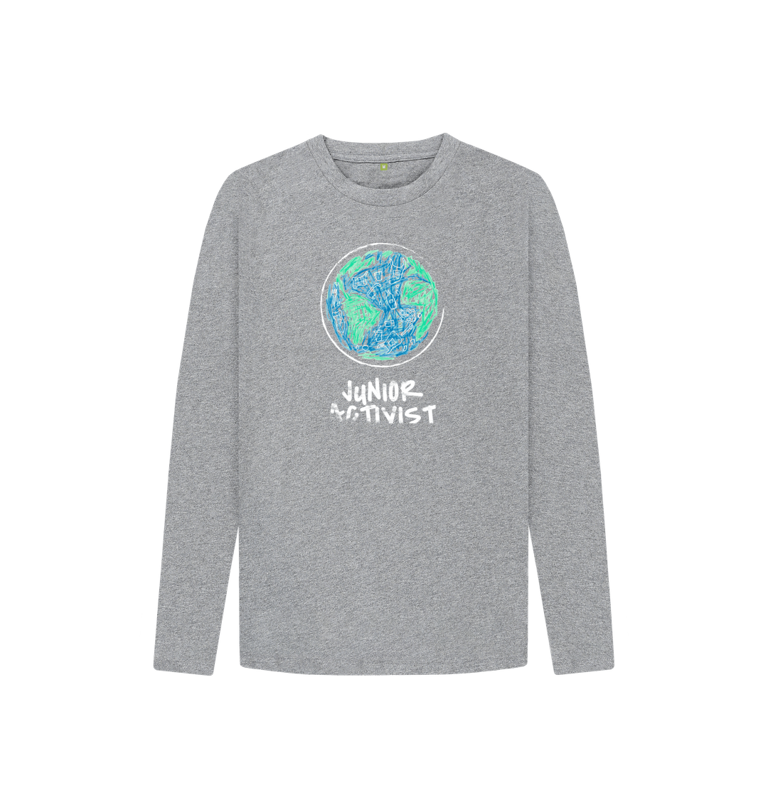 Gray long-sleeved t-shirt with "Junior Activist" and Earth graphic