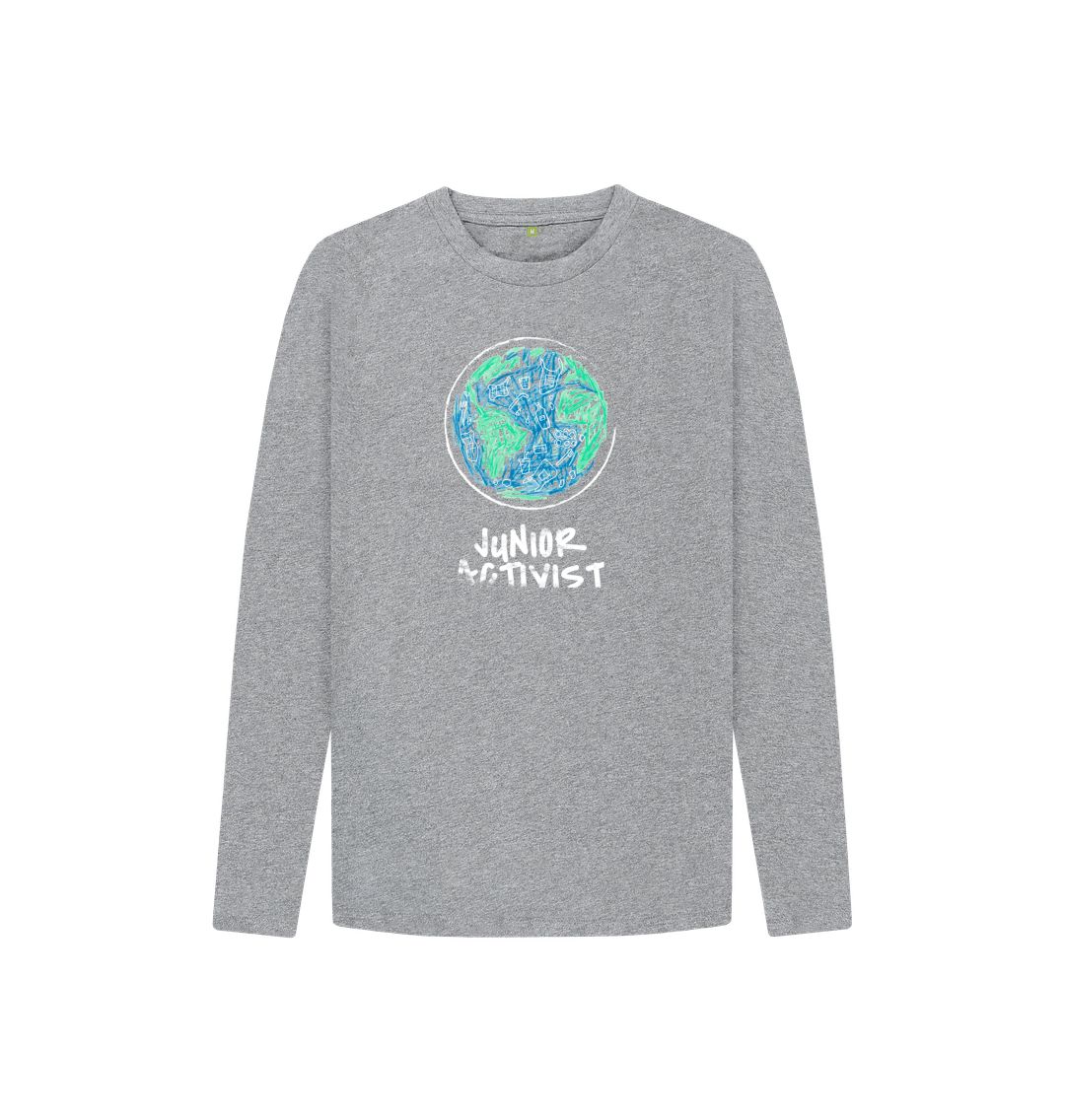 Gray long-sleeved t-shirt with "Junior Activist" and Earth graphic