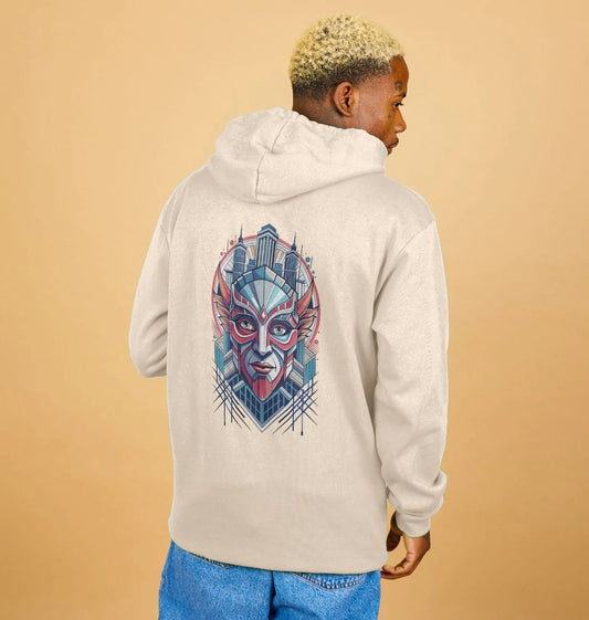 White hoodie with graphic design on back (person)