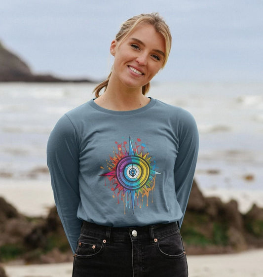 Blue long-sleeve t-shirt with colorful compass design (person)