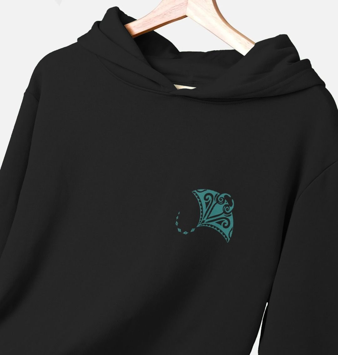Black hoodie with teal embroidered design