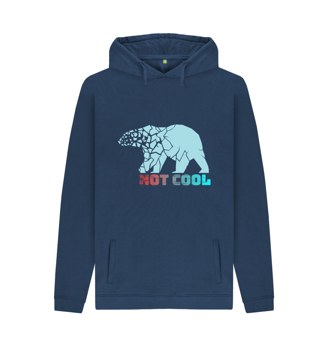 Navy blue hoodie with bear graphic and text