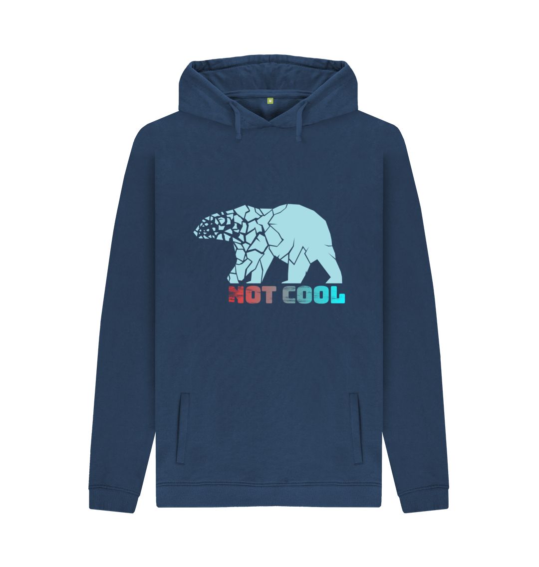 Navy blue hoodie with bear graphic and text