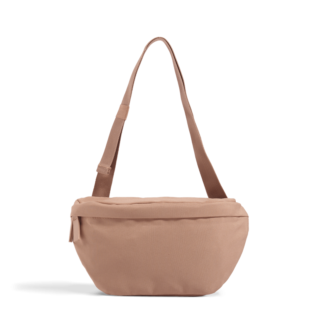 Beige canvas crossbody bag with adjustable strap