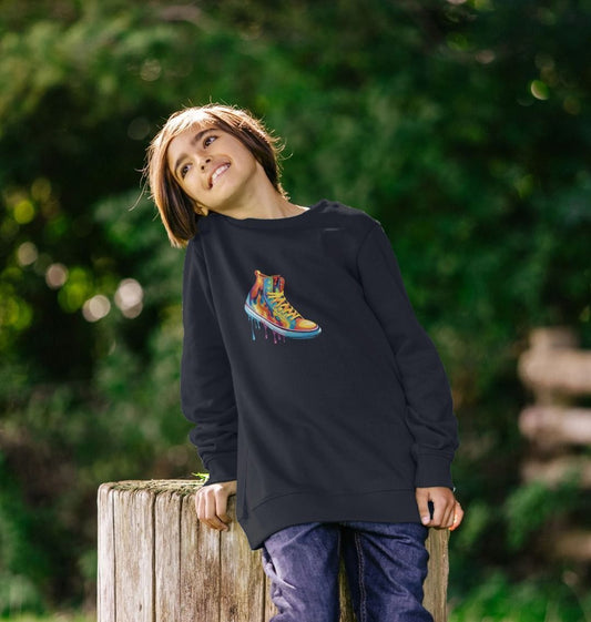 Black sweatshirt with colorful shoe graphic (person)