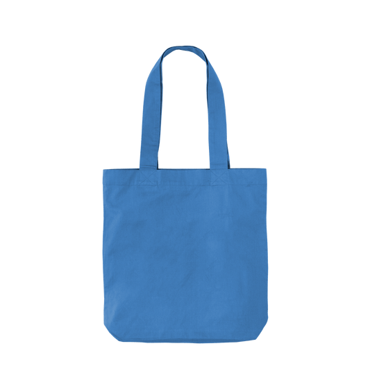 Plain blue tote bag with long handles