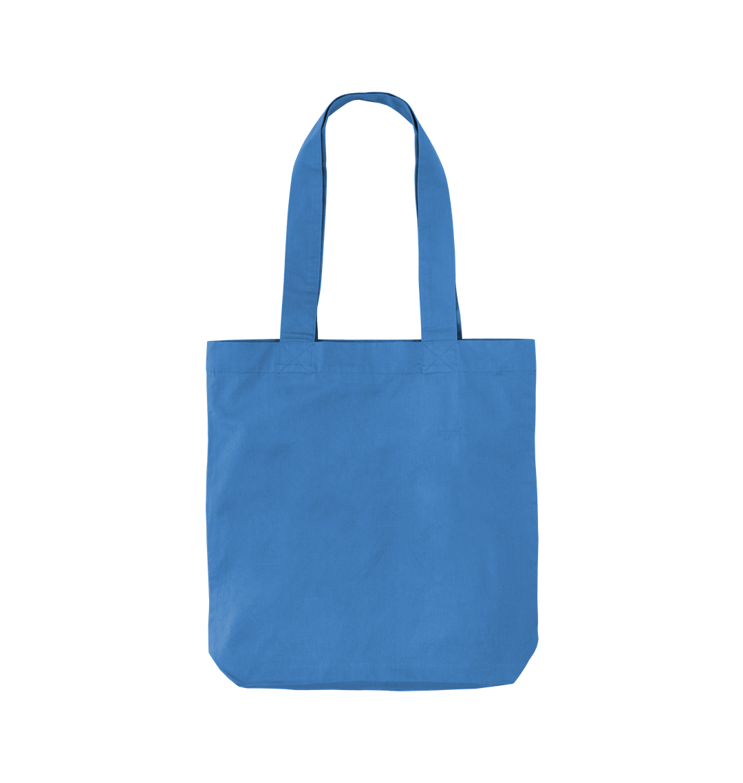 Plain blue tote bag with long handles