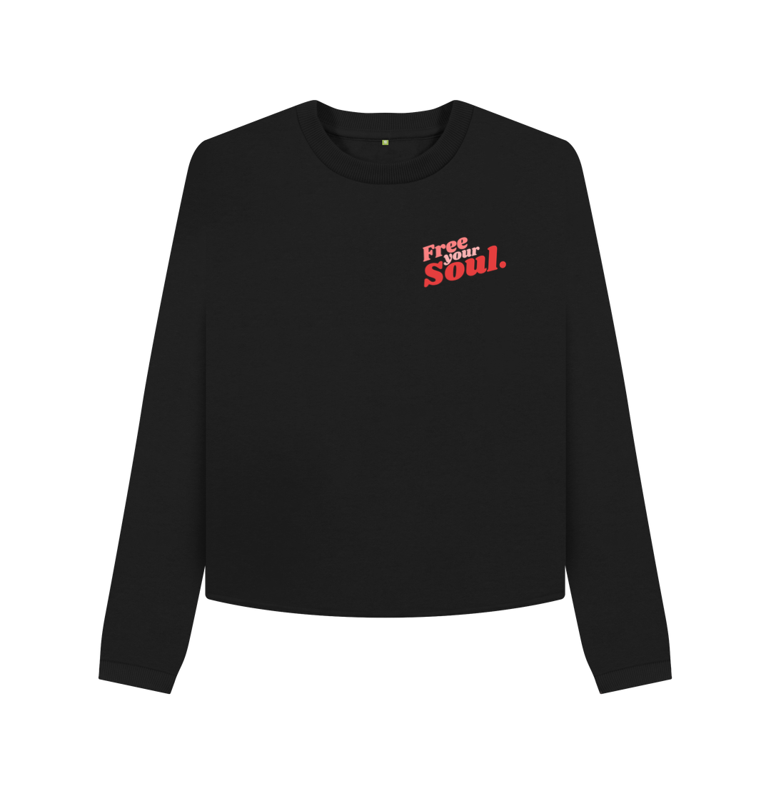 Black long-sleeve sweatshirt with "Free Your Soul" text