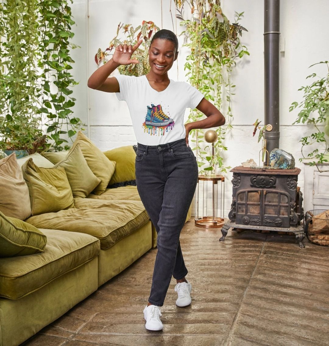 White V-neck t-shirt with colorful sneaker graphic (person)