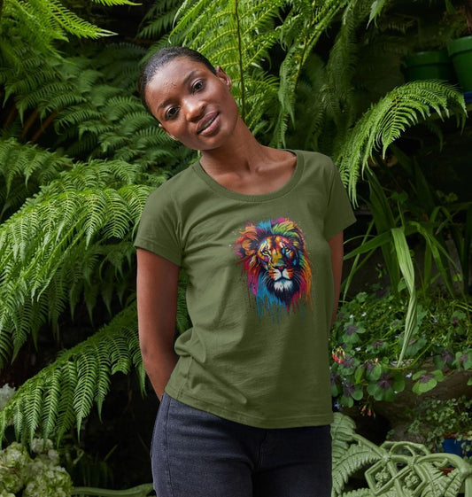 Olive green t-shirt with colorful lion graphic (person)