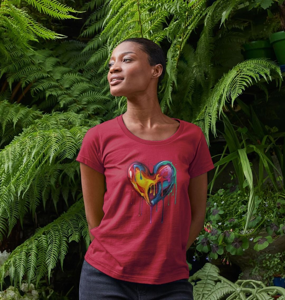 Red t-shirt with colorful dripping heart design (person)