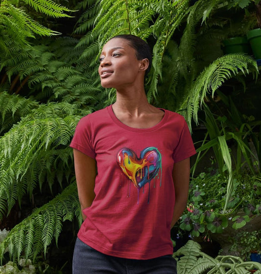Red t-shirt with colorful dripping heart design (person)
