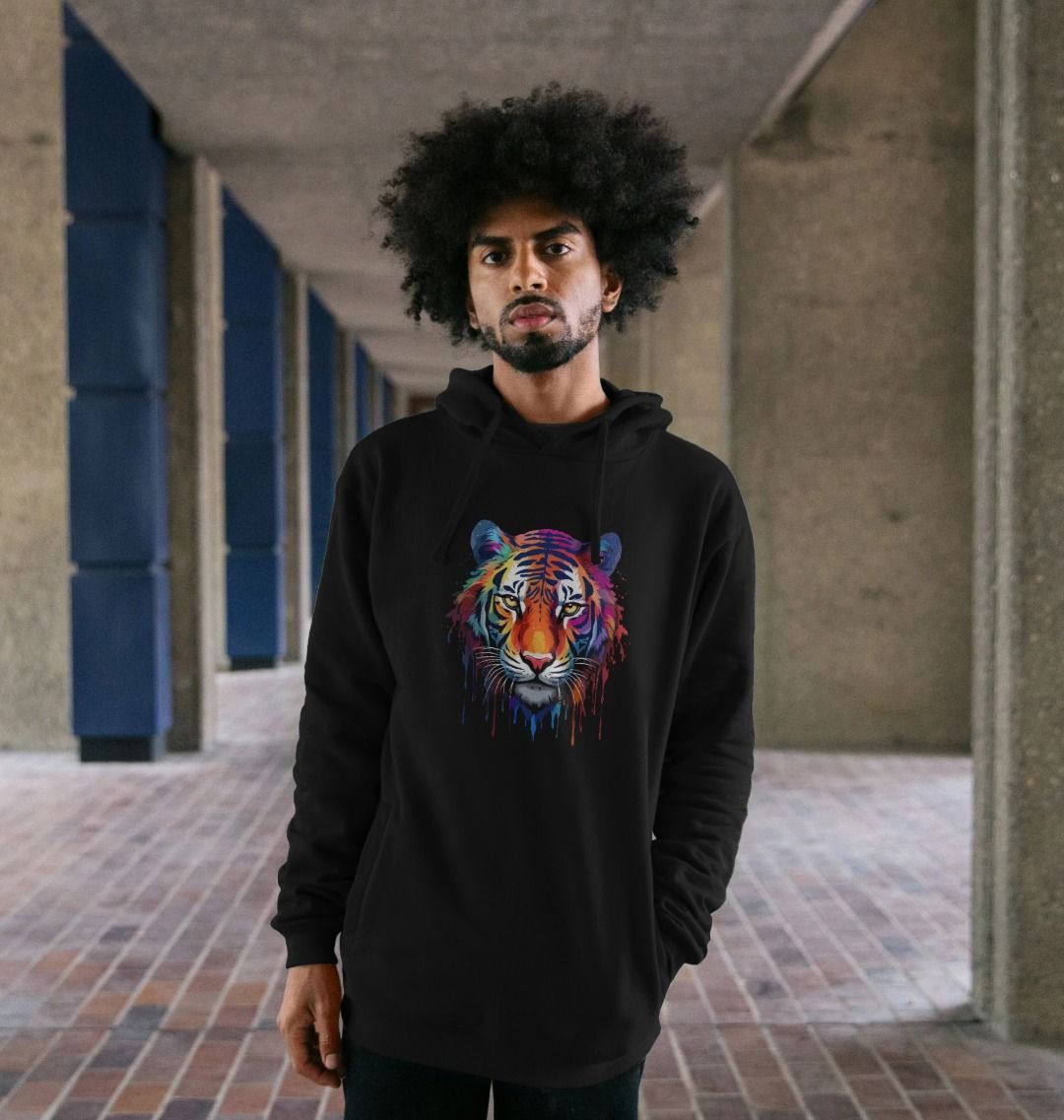 Colorful tiger hoodie with black background (person)