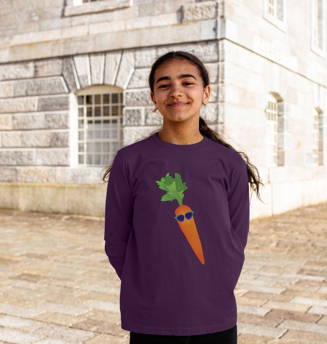 Purple long-sleeve t-shirt with carrot graphic (person)