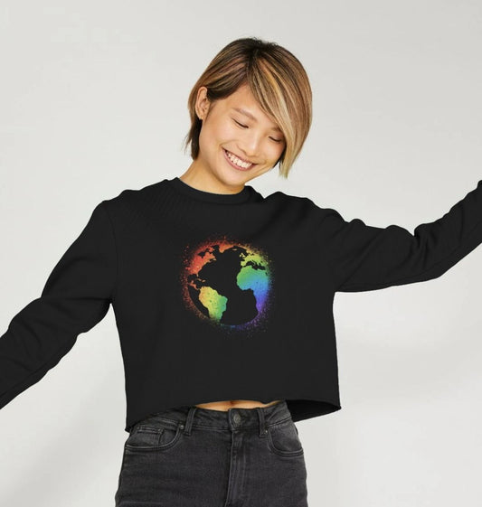 Black cropped sweatshirt with rainbow globe design (person)
