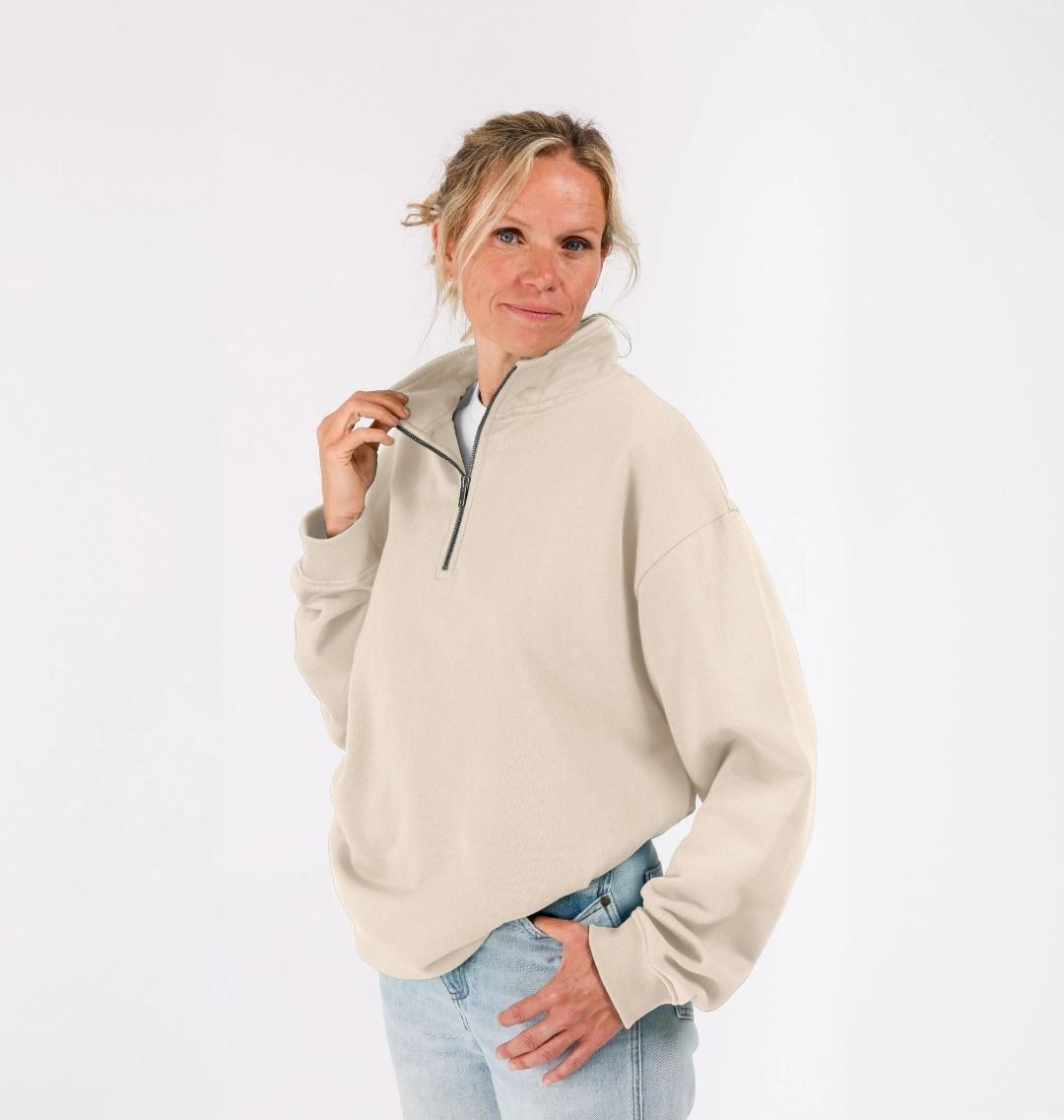 Beige fleece quarter-zip sweatshirt (person)