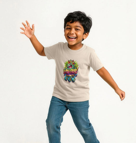 Child's t-shirt with "Monster!" graphic (person)