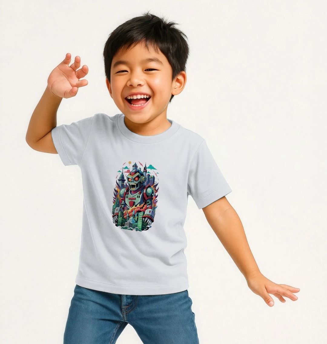 Robot-themed t-shirt with cityscape design (person)