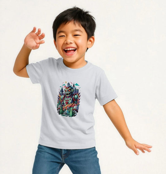 Robot-themed t-shirt with cityscape design (person)