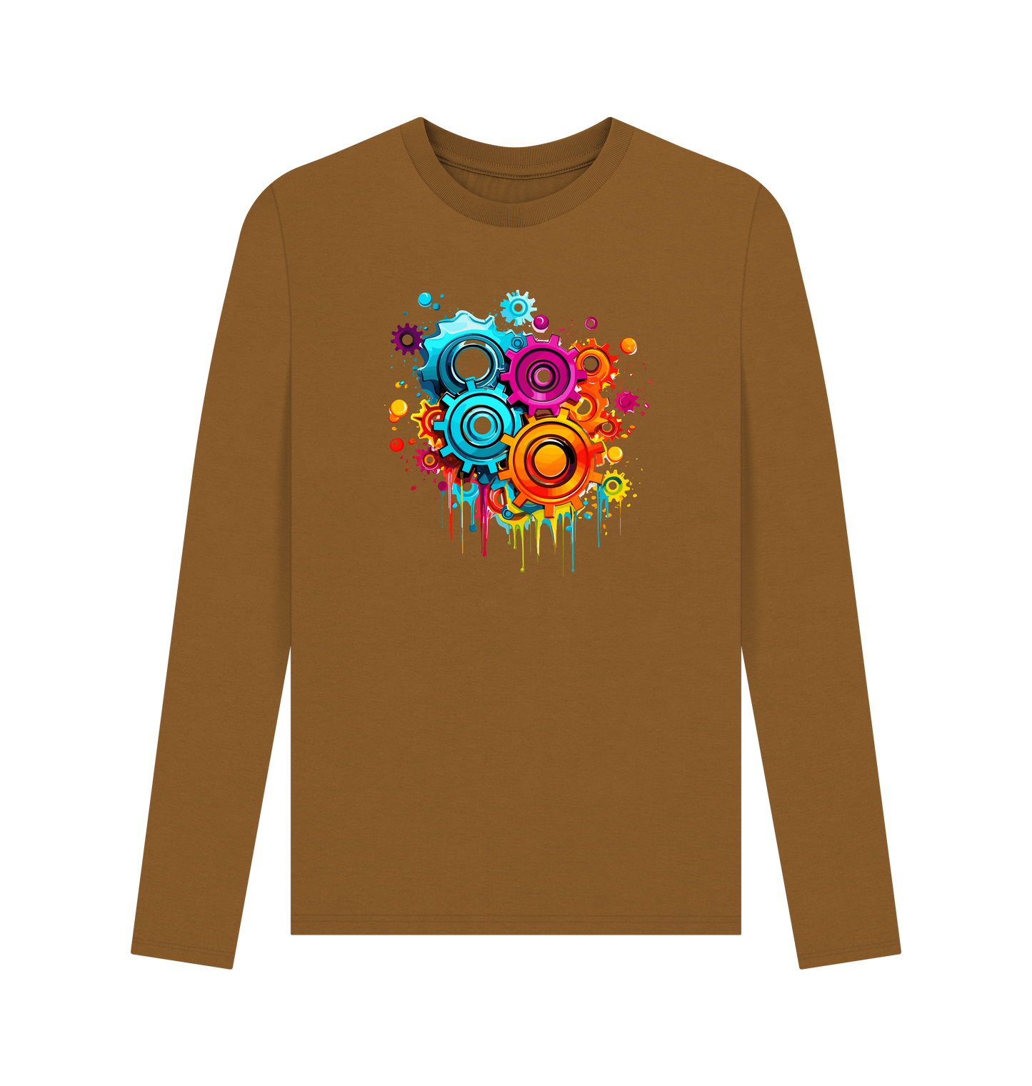 Brown long-sleeved t-shirt with colorful gear design