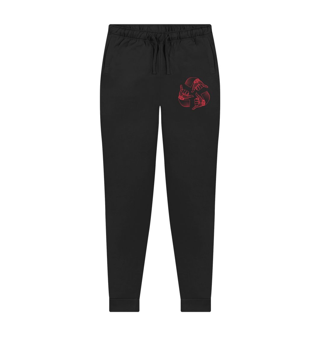 Black jogger pants with red hand design