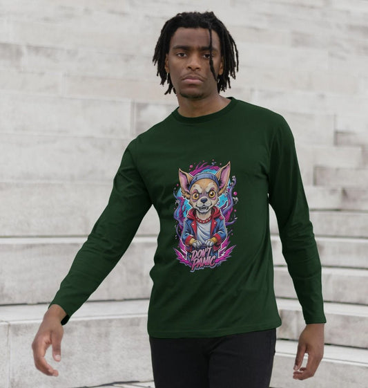 Green long-sleeve t-shirt with cartoon dog graphic (person)