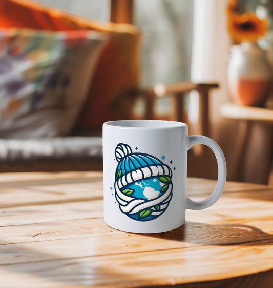 White ceramic mug with Earth design