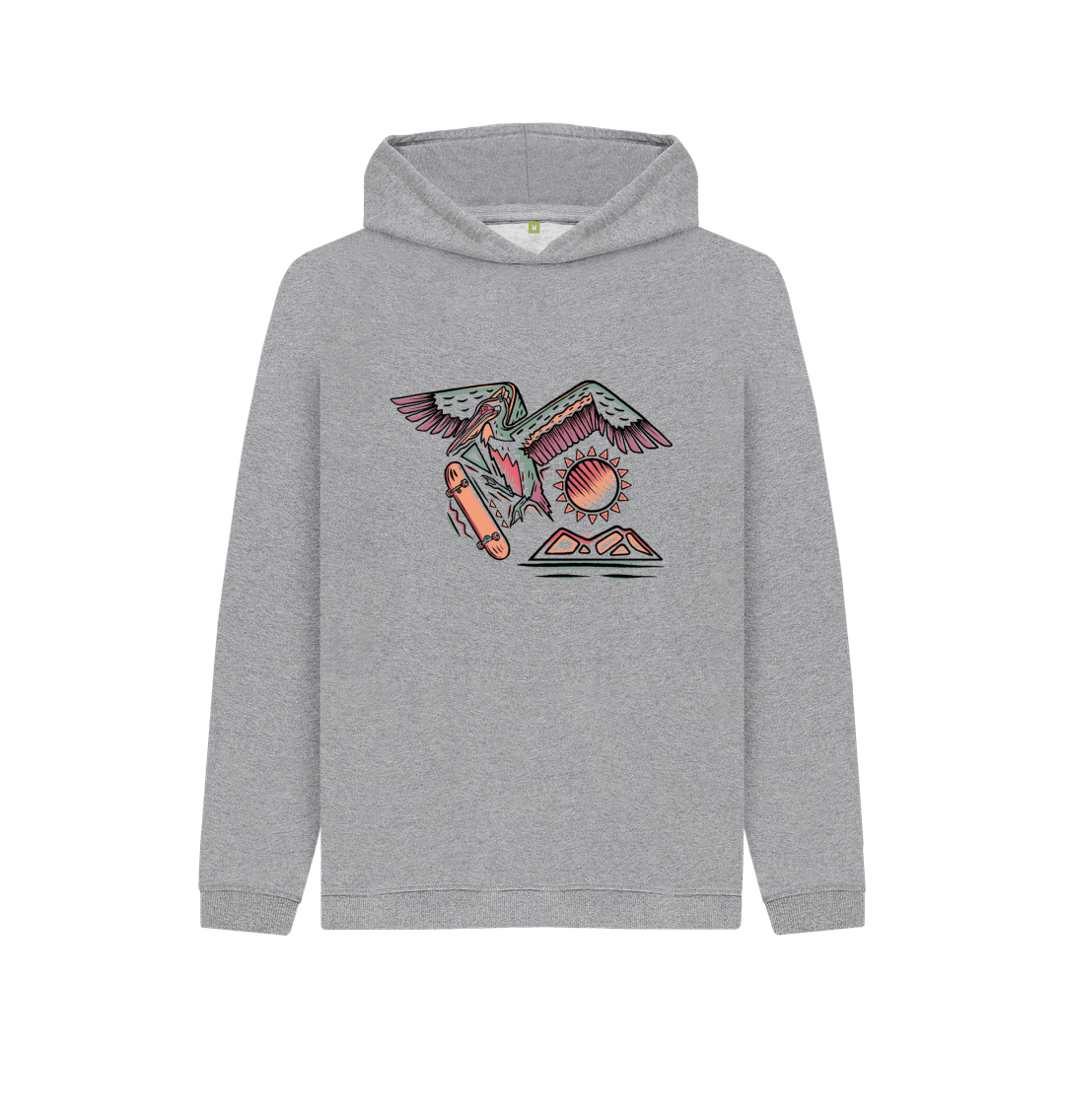 Gray hoodie with colorful bird and sun design