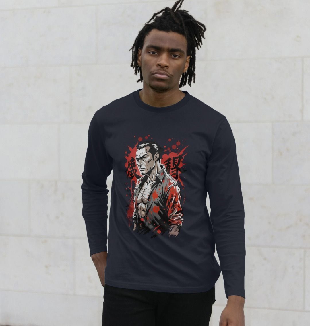 Black long-sleeve t-shirt with graphic design (person)