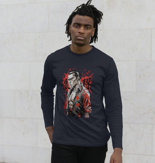 Black long-sleeve t-shirt with graphic design (person)