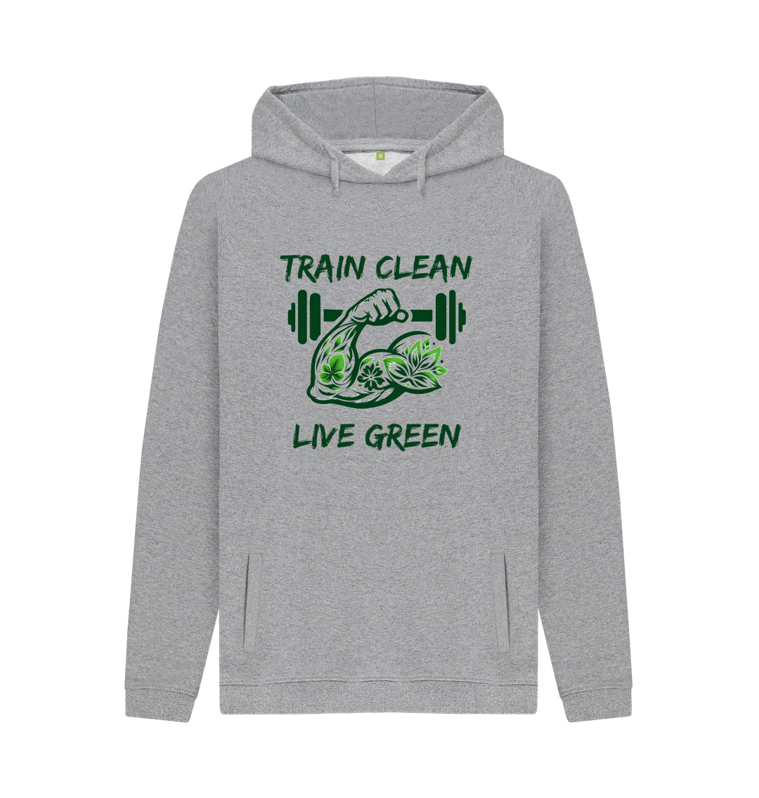 Gray hoodie with "Train Clean Live Green" design