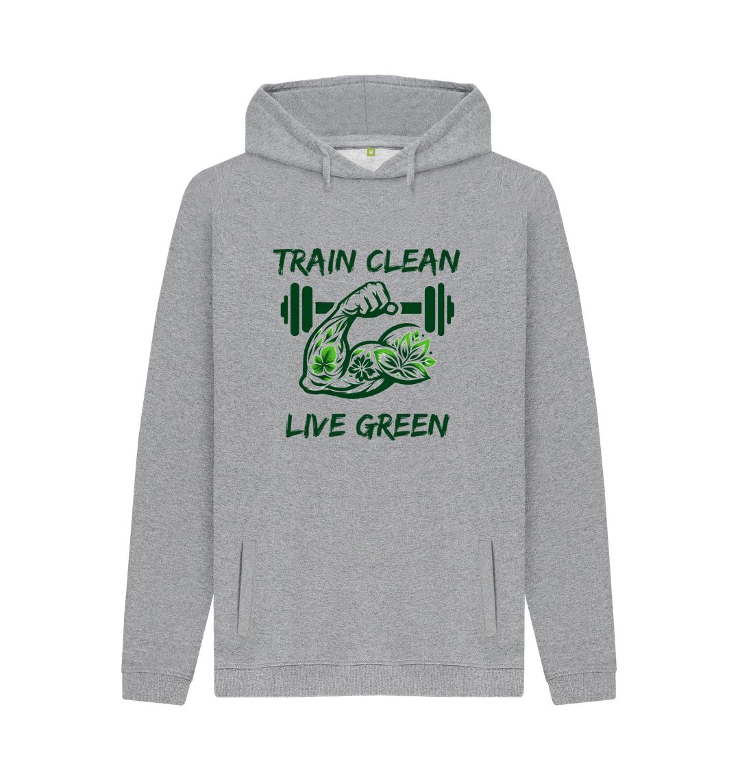Gray hoodie with "Train Clean Live Green" design