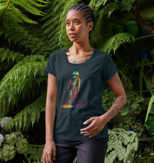 Dark t-shirt with colorful astronaut graphic (person)