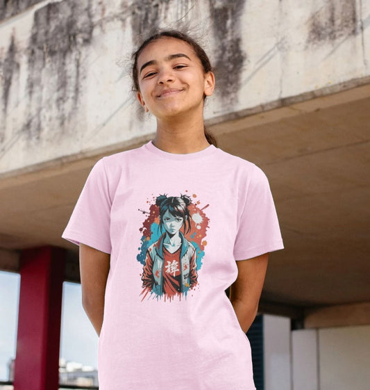 Pink t-shirt with anime-style graphic (person)