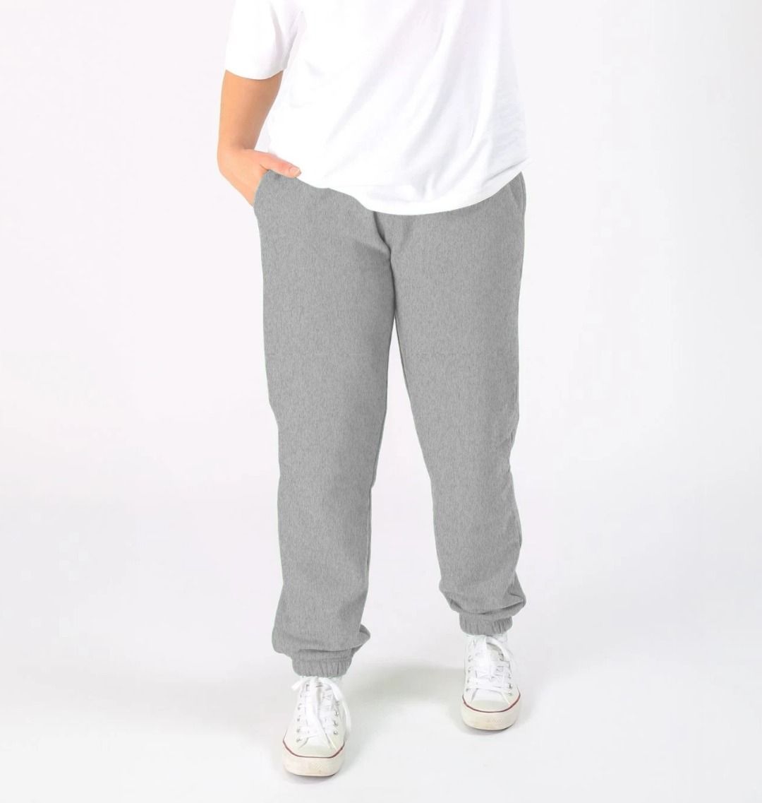 Gray sweatpants with elastic waist and cuffs (person)