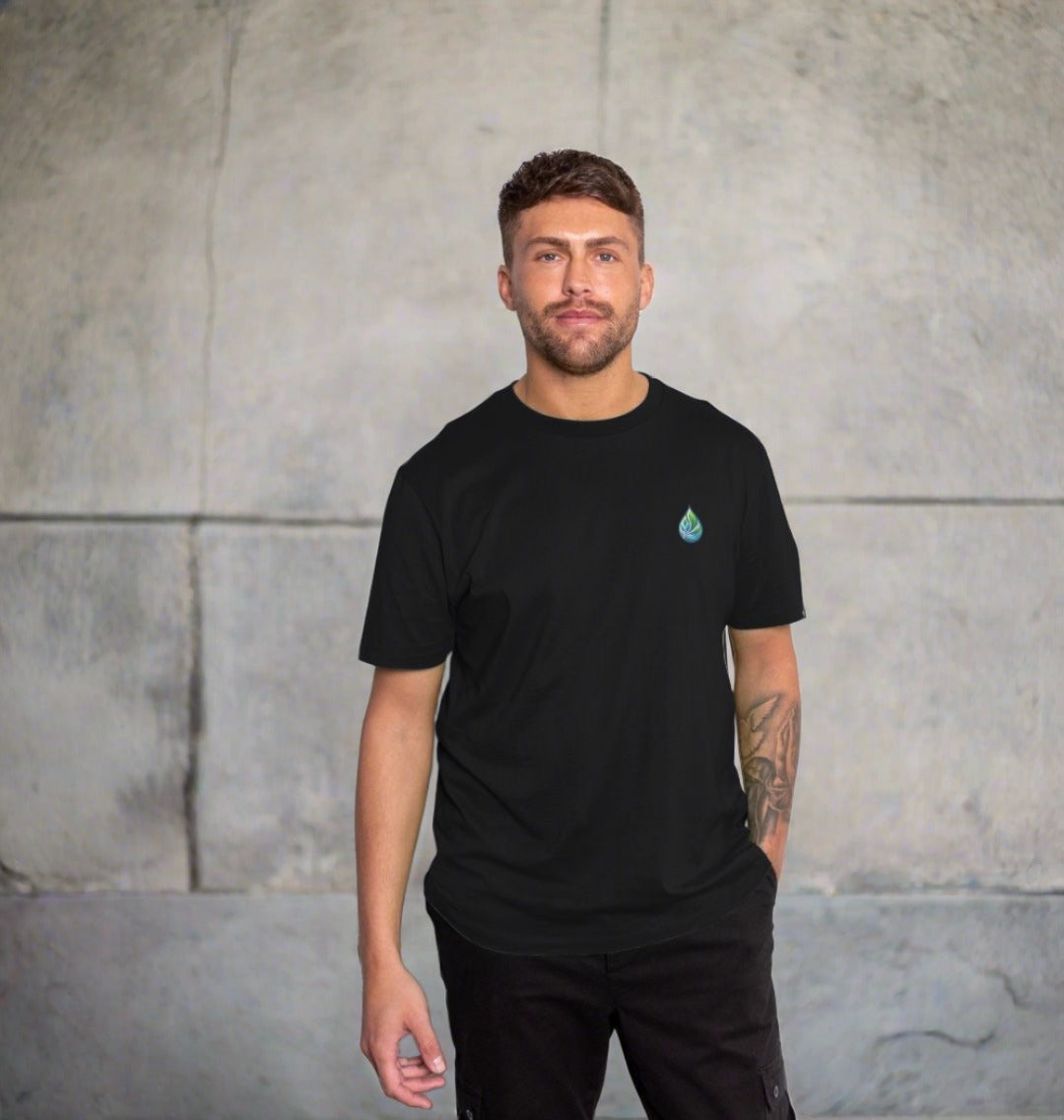 Black t-shirt with small water droplet logo (person)