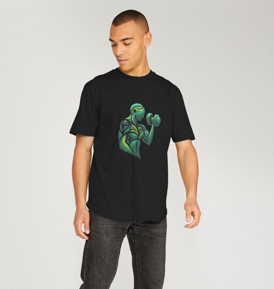Black t-shirt with green and blue weightlifting design (person)
