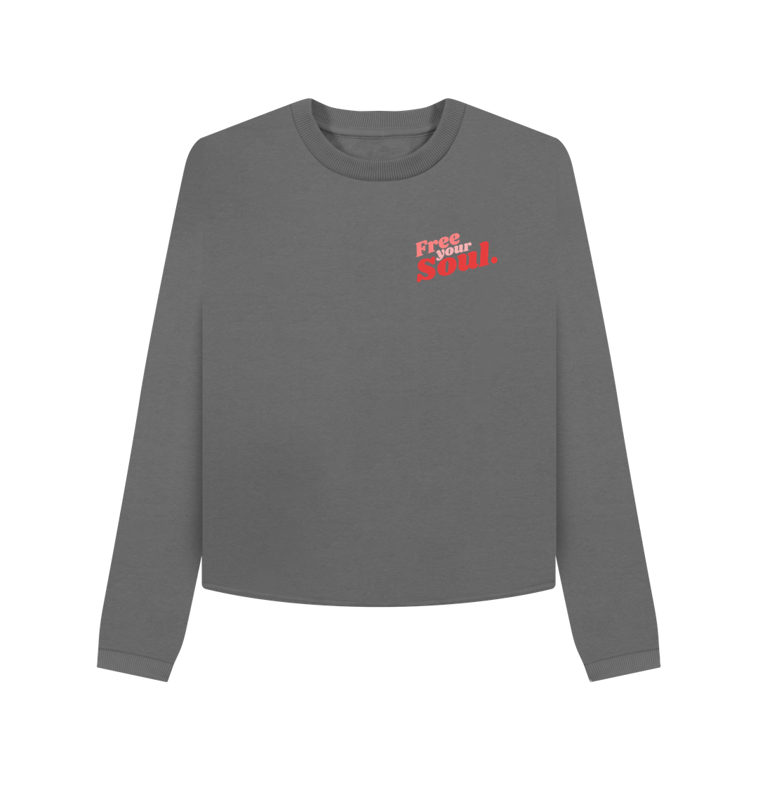 Gray long-sleeve sweatshirt with "Free Your Soul" text