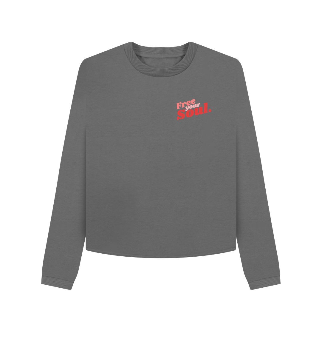 Gray long-sleeve sweatshirt with "Free Your Soul" text