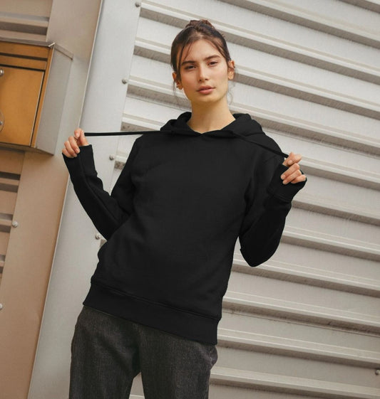Black hoodie with long sleeves and drawstrings (person)