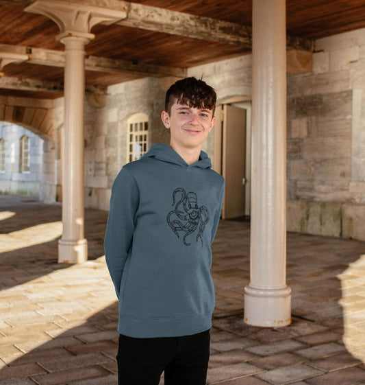 Blue hoodie with octopus design (person)