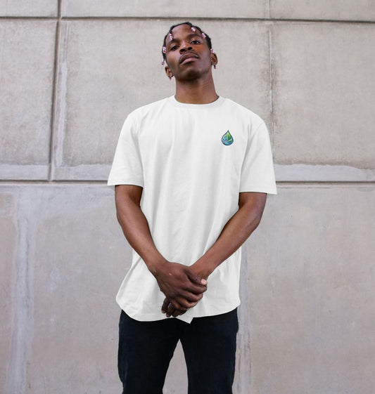 White t-shirt with small blue and green logo (person)