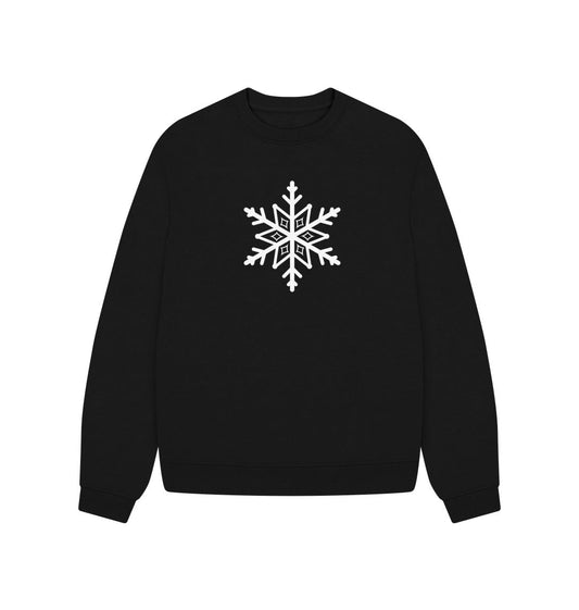 Black crewneck sweatshirt with white snowflake design