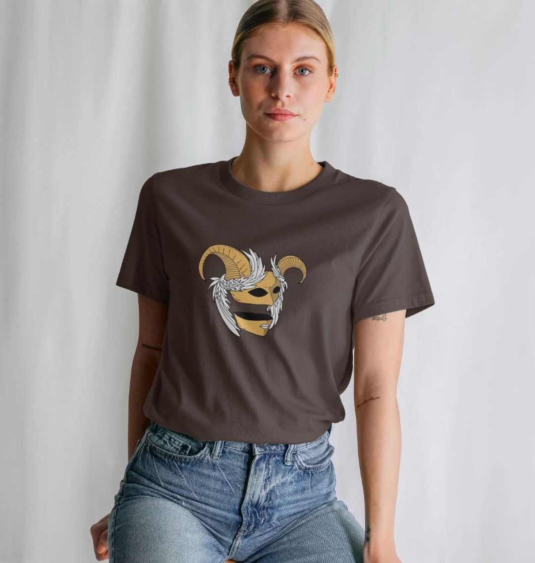 Brown t-shirt with ram skull graphic (person)