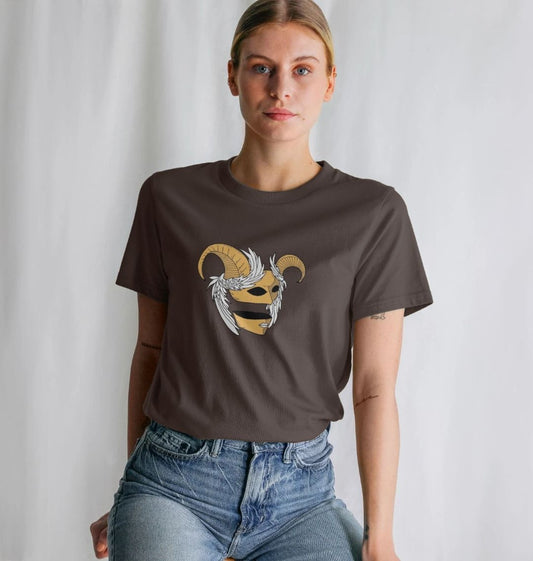 Brown t-shirt with ram skull graphic (person)