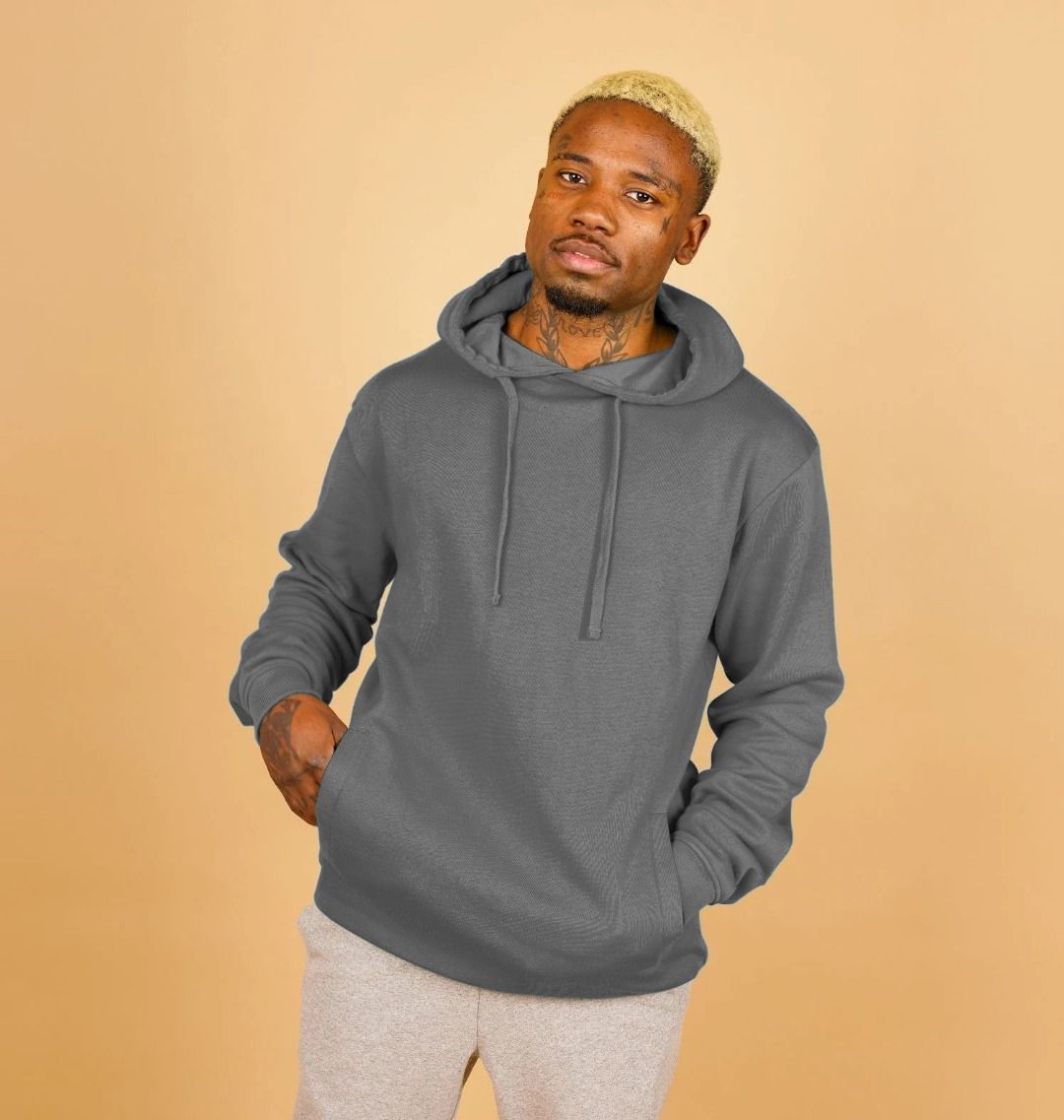 Gray hoodie with drawstrings (person)